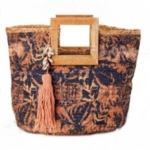Time &Tru Natural Jute Woven Tote Peach Bleu Wood Handle Tassel Handbag, NWT